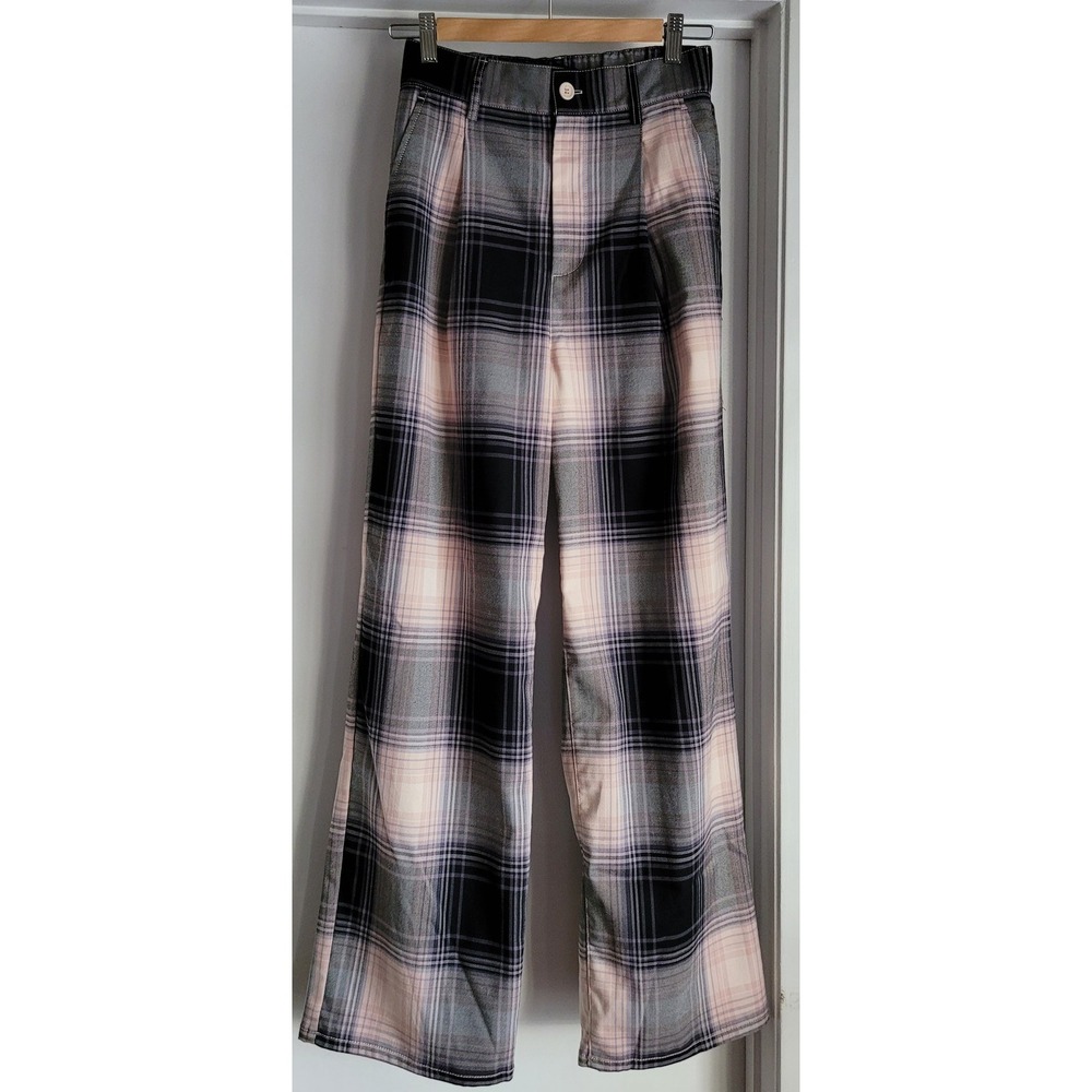 NWT Urban Outfitters Womens Pants Size S Plaid Black Grey Pink Wide Leg